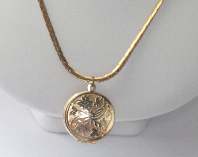 Vintage Embossed Photo Locket Foliate Design 14K Gold Filled Chain Gift for Her Mothers Day