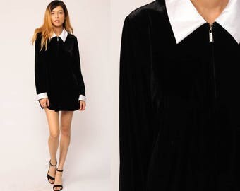 Velvet Mini Dress PETER PAN Collar 90s Grunge Party Black Long Sleeve Goth Wednesday Addams Shift Cocktail Vintage Gothic Large