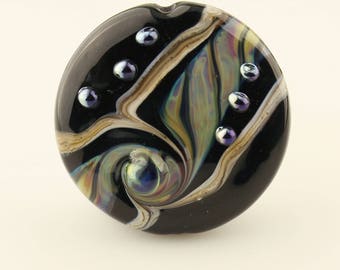 Lampwork Glass Bead, SRA Organic Focal Lentil Bead - Black, Iridescent Blue, Ivory