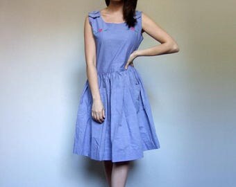 Vintage Embroidered Dress with Pockets Simple Blue Summer Dress - Large L
