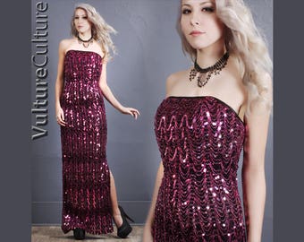 Vintage 80s Sequin Wiggle Dress Burlesque Pink Strapless Formal Party S