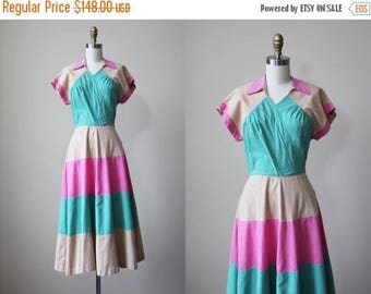 ON SALE 1940s Dress - Vintage 40s Dress - Color Block Pink Tan Jadeite Linen Swing Sundress S - Spumoni Dress