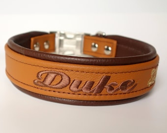 Personalized Leather Dog Collar Padded Lining One and Half Inch (1.5 inch) Wide Tapered down to one inch side release buckle Doberman Collar