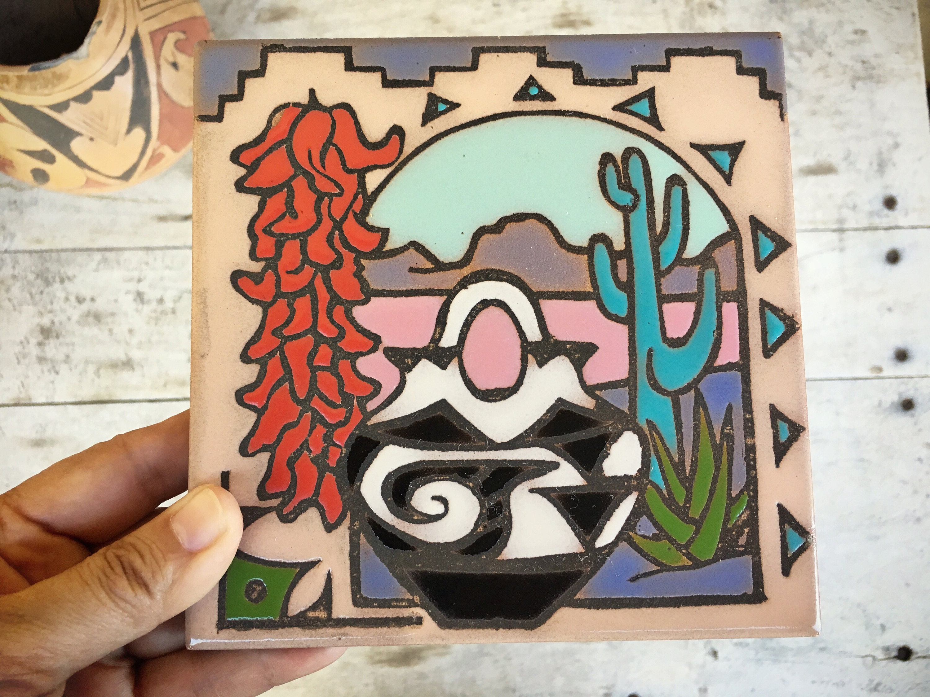 Southwestern Ceramic Tile Hot Plate Trivet Cactus Decor Santa Fe Style