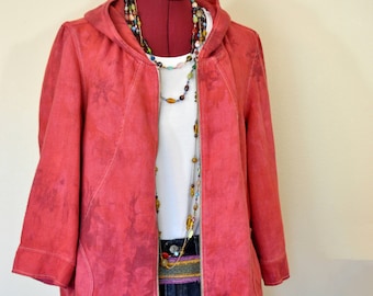 Red Small Linen JACKET - Crimson Red Hand Dyed Upcycled Coldwater Creek Linen Hooded Jacket - Adult Womens Medium (44" chest)