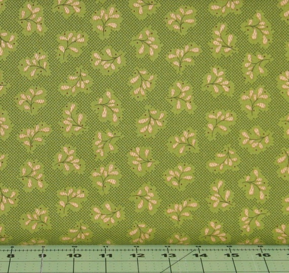Tan and Dark Green Leaf Design on Green Background 100% Cotton