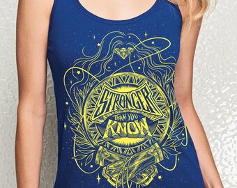 Wonder Woman Tank Top // Stronger Than You Know RacerbackTank Top // Hand Screen Printed // Comic Book Blue and Yellow