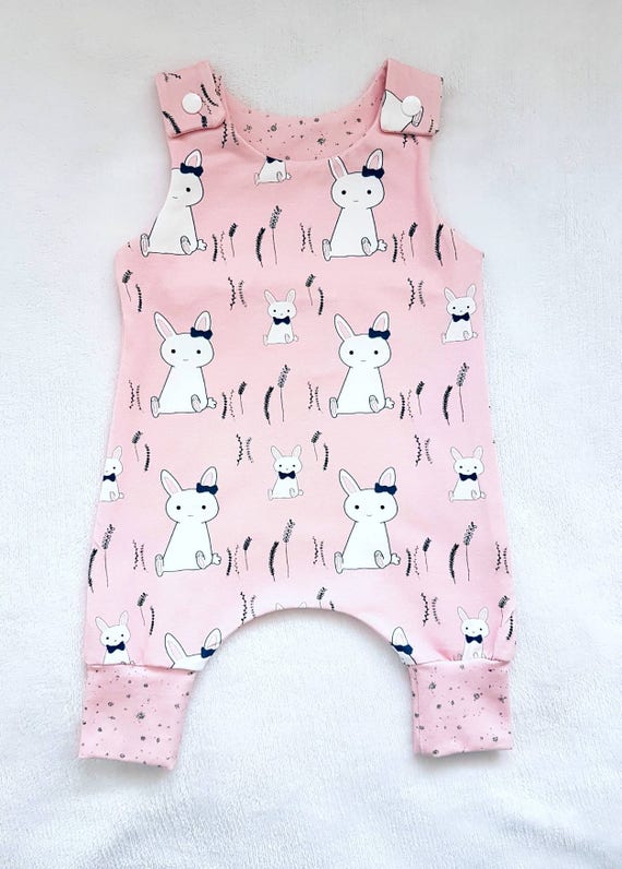 Pink bunny harem romper baby girl romper organic cotton