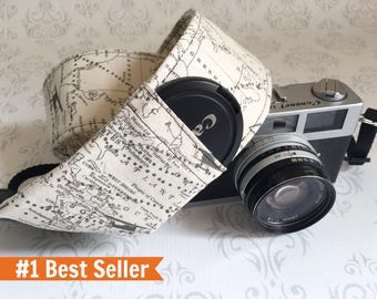 DSLR Camera Strap, 2 Lens Cap Pockets, Padded, Travel Photographer, Nikon or Canon Camera, Binoculars Strap, Photographer Gift - Maps
