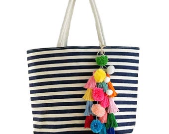 Colorful Striped Pom Pom Tassel Tote Beach Bag