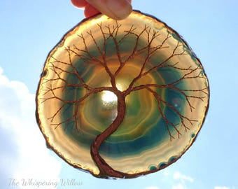 Copper Wire Tree Of Life Metal Wall Art Sculpture Garden Ornament On A Blue Green Agate Geode Stone Crystal Suncatcher