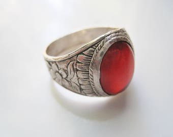 Vintage Silver Aqeeq Ring for a Man made of Sterling Silver and Carnelian, Gift for Him, Size 12 3/4
