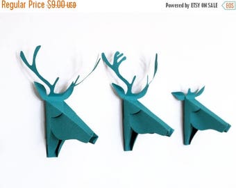 set of 3 faux deer head, faux taxidermy , greeting card, turquoise