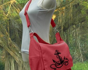 On Sale 20% off Screen print messenger bag, red canvas shoulder bag, diaper pag, school bag for students