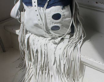 RESERVED White and denim fringe bohemian hobo