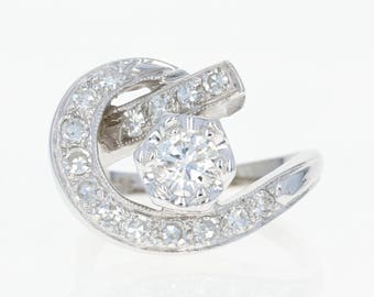 Retro Diamond Cocktail Ring - 14k White Gold Women's Crescent 1940s 1.01ctw U1208