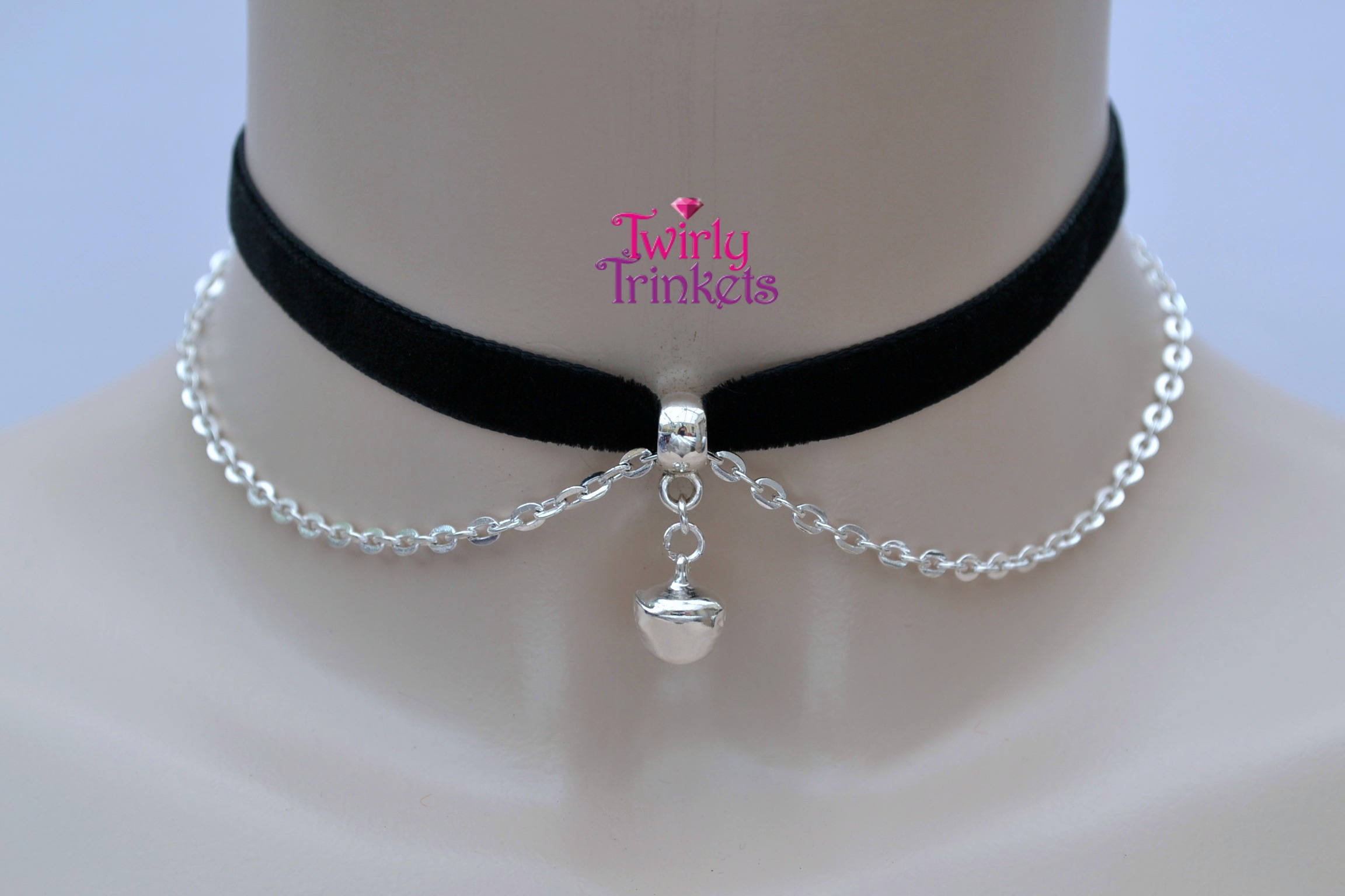 BELL BLACK Velvet Choker Necklace With Jingle Bell And Chain