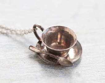 Miniature Teacup Necklace - Sterling Silver Pendant and Chain - Vintage Quirky Jewelry - Alice in Wonderland
