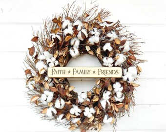 Farmhouse Wreath-Cotton Wreath-Fixer Upper Decor-Rustic Farmhouse Decor-Front Door Wreath-Rustic Wreaths-Summer Wreath-Fall Wreath-Gifts