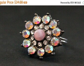 BACK to SCHOOL SALE Vintage Button Ring. Pink Rhinestone Ring. Rhinestone Flower Ring. Adjustable Ring. Handmade Jewelry.