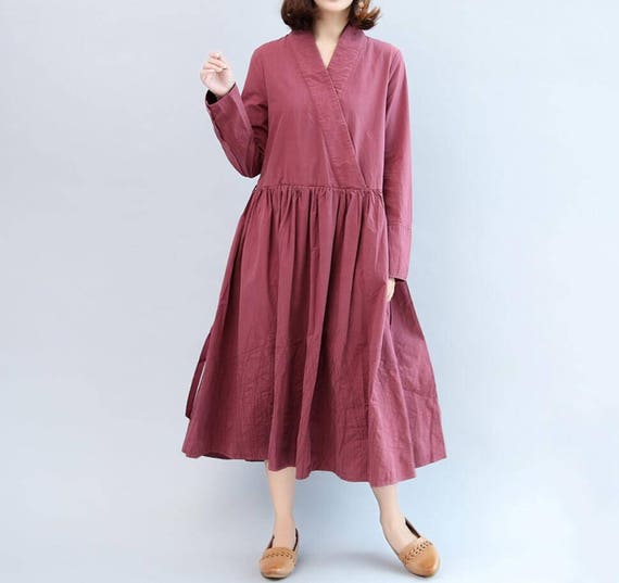 Women Long sleeves cotton dress/ burgundy/ black Loose Women