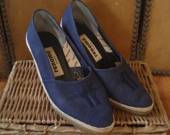 70s Navy blue canvas wedge sandals by Renoma Paris