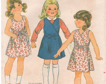 1980s - Butterick 4251 Vintage Sewing Pattern Girls Size 5 Fast Easy Wrap Dress Jumper V Neck Scooped Patch Pockets Sleeveless Semi Fitted