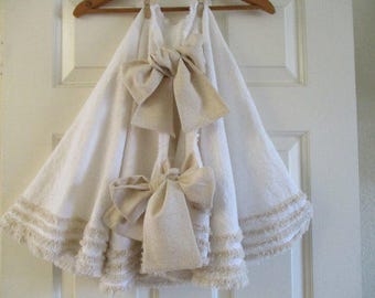 Christmas Tree Skirt in Pretty White Cotton with Oatmeal Trim - 70"