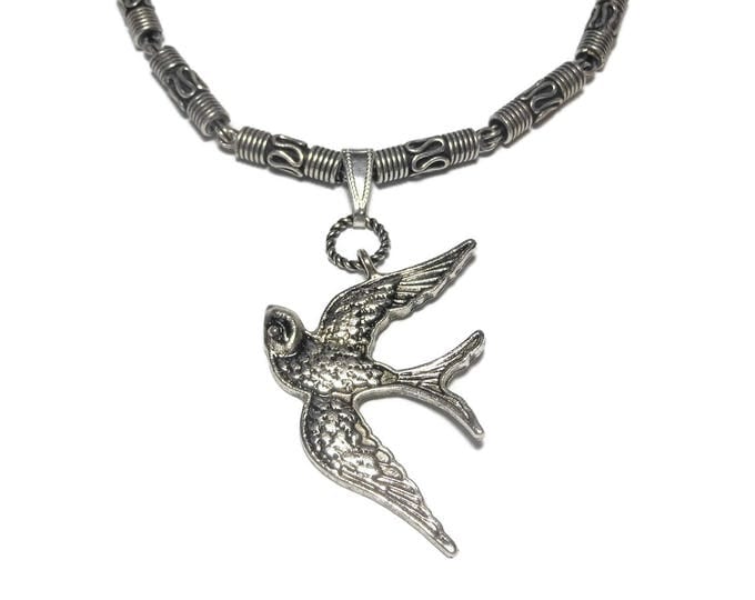 FREE SHIPPING Silver plated bird pendant, antiqued bird pendant on chain with round filigree tubes, S hook clasp, swallow