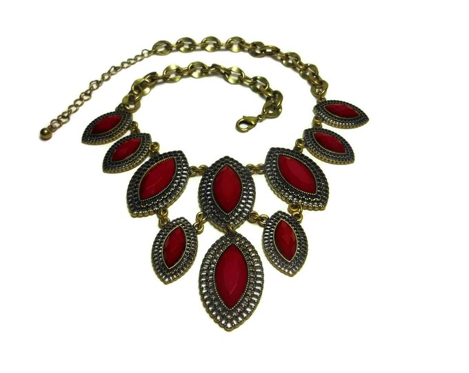 Red bib necklace, ruby red necklace, marquise cut cabochons, lucite red beads, gold chain, filigree frames, Dynasty Show Girl Drag runway