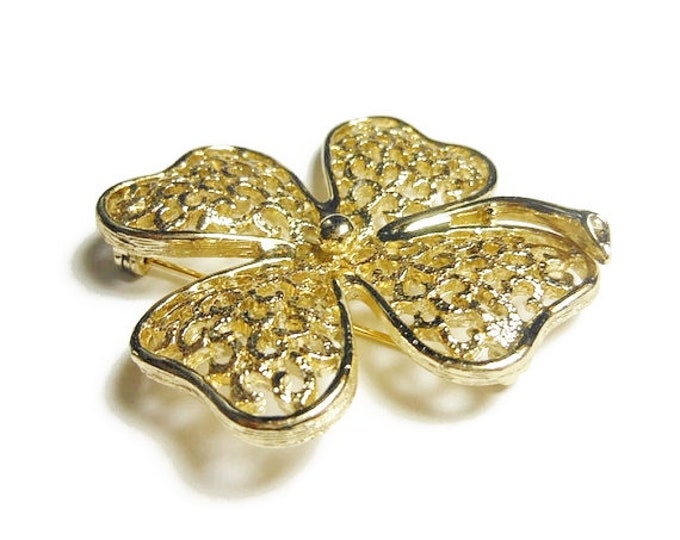 FREE SHIPPING Sarah Coventry brooch, 'Filigree Clover' from the 1970s, gold filigree shamrock brooch, four leaf clover, good luck pin