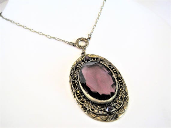 Amethyst Pendant Necklace - Victorian Revival - Statement Necklace - 60's Amethyst Glass Cabachon Center - Vintage Pendant