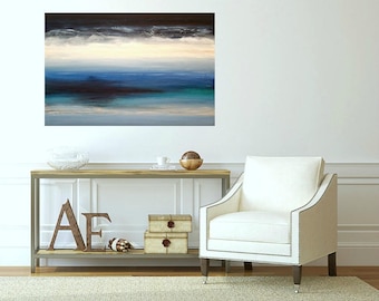 Art, Seascape Painting, Original Abstract, Acrylic Paintings on Canvas by Ora Birenbaum Titled: Midnight Blue 6 24x36x1.5"