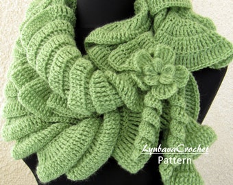 Crochet Scarf PATTERN, Unique Crochet Ruffle Scarf With Flower, DIY Gift Easy Tutorial Instant Download PDF Pattern No.18 by Lyubava Crochet