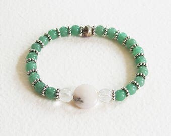 Bracelet avec Pierres de Gemme - Perles Aventurine Vert Jade, Quartz Rutile, Cristal de Roche, Métal argenté - Bijou créateur, pièce unique