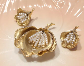 Gold Tone Flower Brooch Pin and Matching Clip Earrings have Seed Pearl and Rhinestone Stamen Accents
