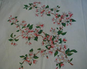 Vintage Tablecloth, Wilendur Apple Blossoms, Pink Blossoms on White, Cotton Tablecloth, 54 x 69", Excellent Condition