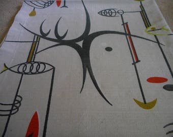 Vintage 1950's, 60's Mid Century Abstract Fish Shapes Hand Print Drapery Panel Barkcloth Fabric, 45" X 48"