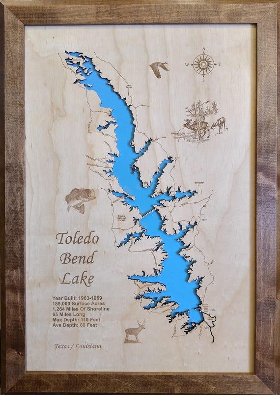 Wood Laser Cut Map of Toledo Bend Lake TX / LA Topographical