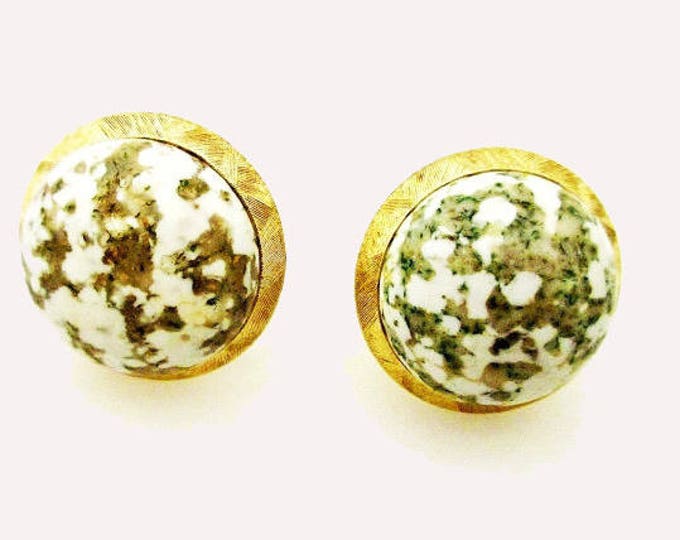 Dome Earrings - Signed Crown Trifari - white green speckle and gold clip on earring