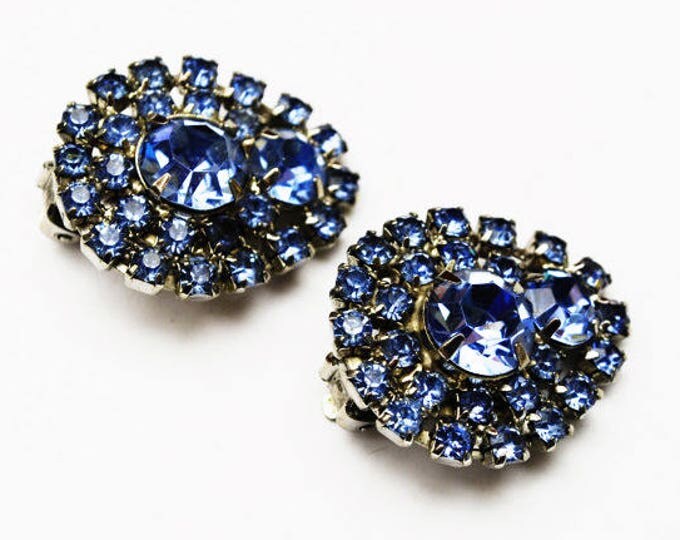 Blue Rhinestone earrings - Signed Garne - Mid Century - Clip on earring -Tear drop - Bride Wedding Prom