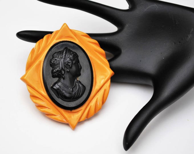 Large Bakelite Cameo brooch - black butterscotch Mustard Yellow - carved celluloid womans profile pin