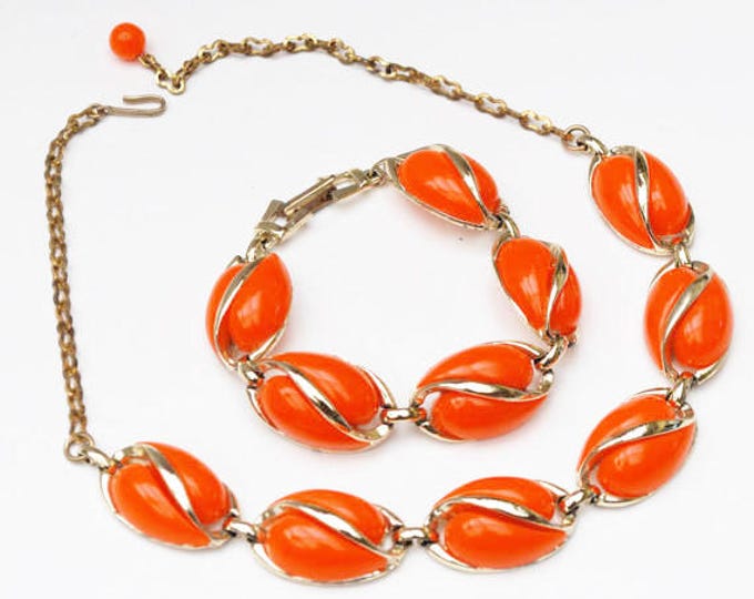 Neon Orange Thermoset Necklace Bracelet set - light gold metal - Mid Century -