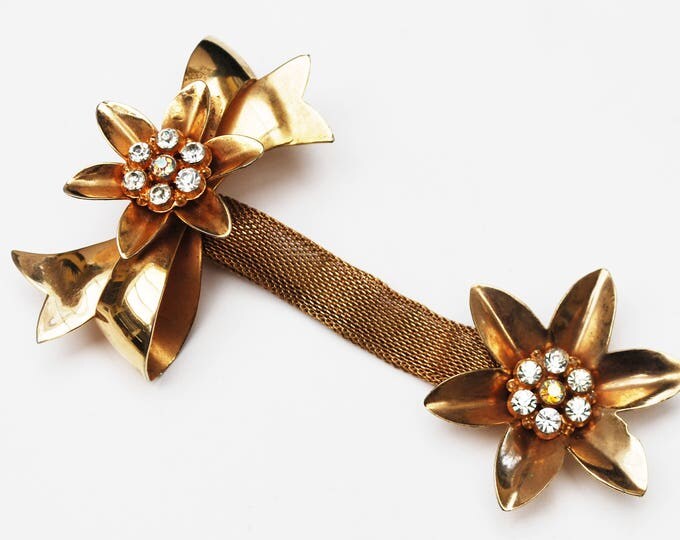 Gold Flower Dangle Brooch - Gold Mesh - AB Rhinestone - Ribbon -Mid Century floral Pin