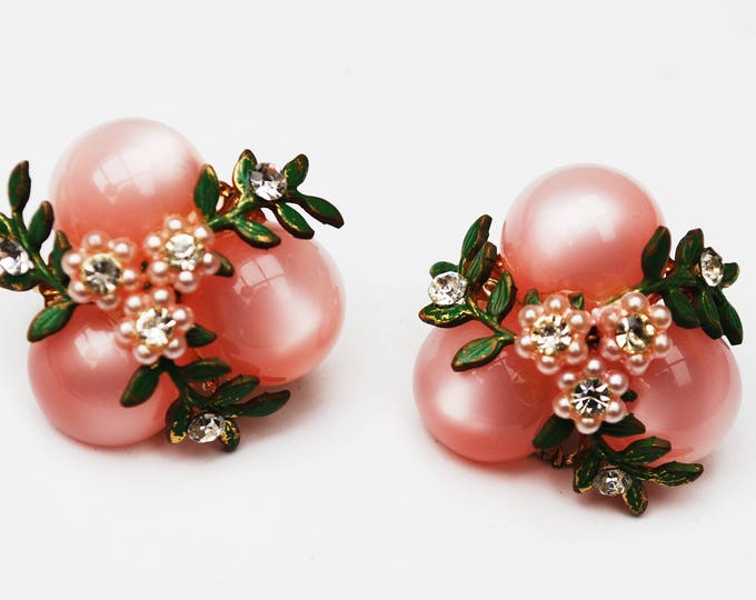 Pink flower earrings - moonglow Lucite - Clear rhinestone -White Pearl- Green Enamel - Clip on earrings