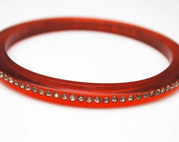 Red Lucite Rhinestone Bangle - thin plastic - clear crystal - vintage Bracelet