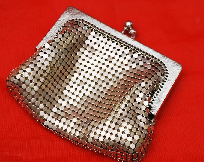 Silver Mesh Change Purse -Whiting and Davis signed - small silver metal clutch - coin pouch