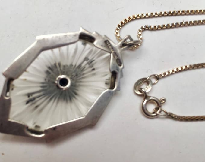Sterling Camphor Glass Pendant with diamond I1 - sterling silver Italian box chain - Art Deco