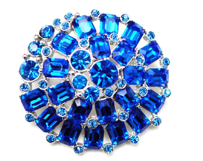 Blue Rhinestone Flower Brooch - Mid Century - silver metal -colbalt bluish crystal - 2 inch - Domed Atomic Swirl Pin