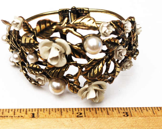 Flower clamper Bracelet - Gold repouse - white pearls,enamel flowers - wide Hinged bangle